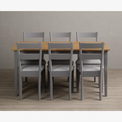 Oak&More Kendal 150cm Solid Oak and Light Grey Painted Dining Table with 6 Light Grey Kendal Chairs