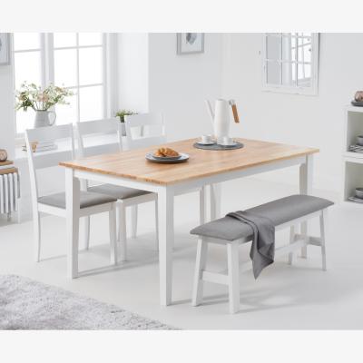 Oak&More Chiltern 150cm Oak and White Table with Chiltern Chairs with Grey Fabric Seats and Bench - White, 2 Chairs
