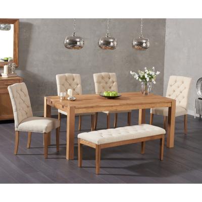 Oak&More Verona 150cm Solid Oak Dining Table with Claudia Fabric Chairs and Camille Cream Fabric Bench