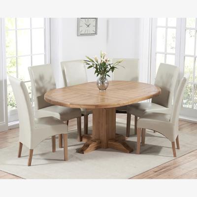 Oak&More Torino Solid Oak Extending Pedestal Dining Table With 4 Brown Cannes Chairs