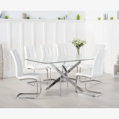 Oak&More Denver 160cm Glass Dining Table With 6 White Lorin Chairs