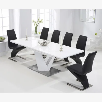 Oak&More Harmony 160cm White High Gloss Extending Dining Table With 10 Black Hampstead Z Chairs