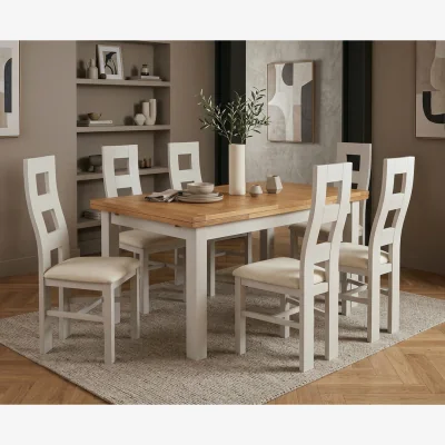 Oak&More Extending Buxton 140cm Oak and Soft White Painted Dining Table with 6 Linen Painted Chairs