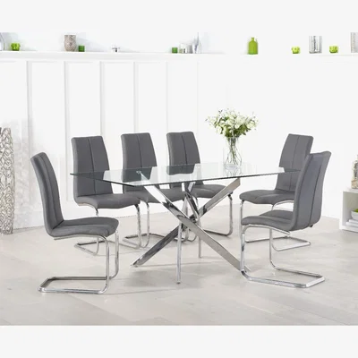 Oak&More Denver 160cm Glass Dining Table With 4 Grey Tarin Chairs