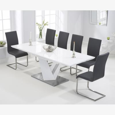 Oak&More Harmony 160cm White High Gloss Extending Dining Table With 10 Grey Malaga Chairs