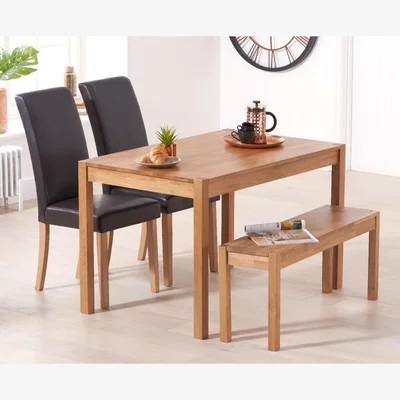 Oak&More Oxford 120cm Solid Oak Dining Table With 2 Red Albany Chairs and 1 Oak Oxford Benches