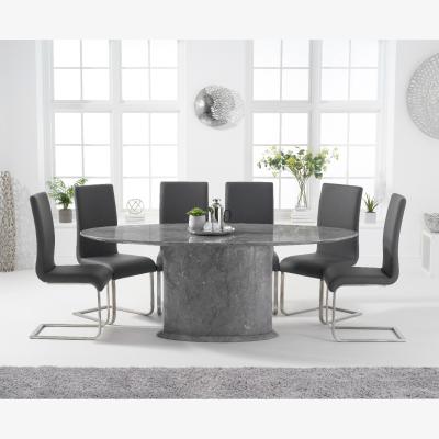 Oak&More Colby 200cm Oval Grey Marble Dining Table With 10 Grey Austin Chairs