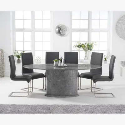 Oak&More Colby 200cm Oval Grey Marble Dining Table With 10 Grey Austin Chairs