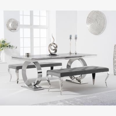 Oak&More Hepburn 200cm Marble Dining Table with Grey Fitzrovia Velvet Benches