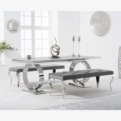 Oak&More Hepburn 200cm Marble Dining Table with Grey Fitzrovia Velvet Benches
