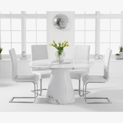 Oak&More Ravello 130cm Round White Marble Dining Table with Malaga Chairs - Grey, 4 Chairs