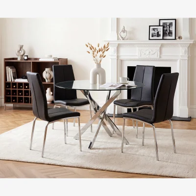 Oak&More Bernini 110cm Glass Dining Table with 4 Black Marco Chairs