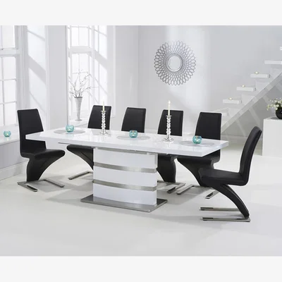 Oak&More Babington 160cm White High Gloss Extending Dining Table With 10 Ivory White Hampstead Z Chairs