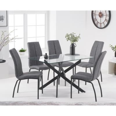 Oak&More Mara 120cm Rectangular Glass Dining Table with Antique Noir Chairs - Grey, 4 Chairs