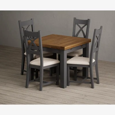 Oak&More Extending Buxton 90cm Oak and Charcoal Grey Painted Dining Table with 6 Linen Painted Chairs
