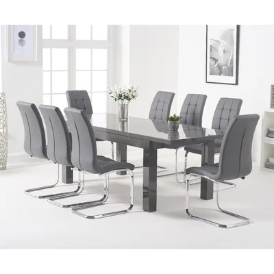 Oak&More Atlanta Dark Grey Gloss 160-220cm Extending Dining Table with Lorin Chairs - Grey, 4 Chairs
