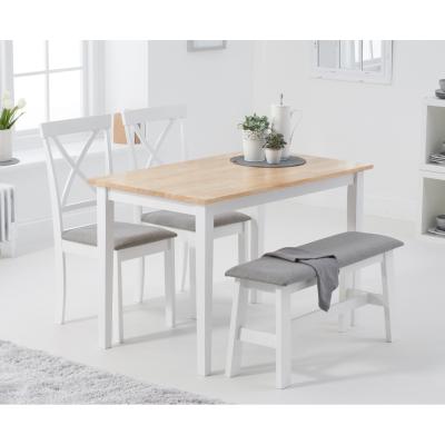 Oak&More Chiltern 114cm Oak and White Table with Epsom Chairs with Grey Fabric Seats and Bench - Oak and White, 2 Chairs