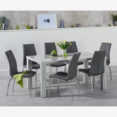 Oak&More Atlanta 160cm Light Grey Gloss Dining Table With 4 Black Cavello Chairs
