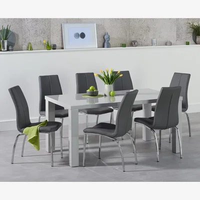 Oak&More Atlanta 160cm Light Grey Gloss Dining Table With 4 Black Cavello Chairs