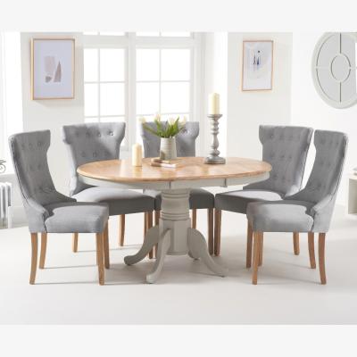Oak&More Epsom Oak and Grey Painted Pedestal Extending Table With 6 Grey Clara Chairs