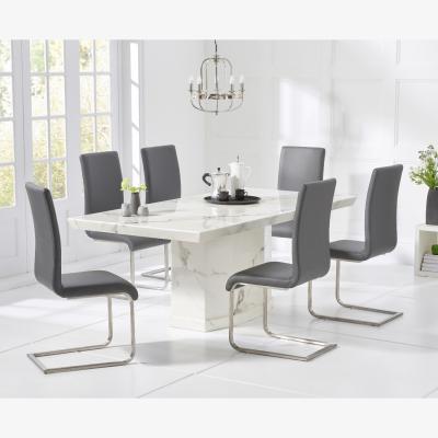 Oak&More Carvelle 200cm White Pedestal Marble Dining Table With 6 White Malaga Chairs