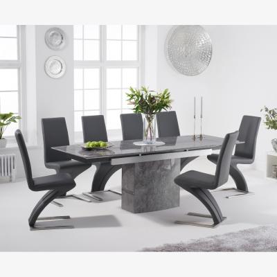 Oak&More Metropolis 160cm Extending Grey Marble Dining Table With 8 Black Hampstead Faux Leather Chairs
