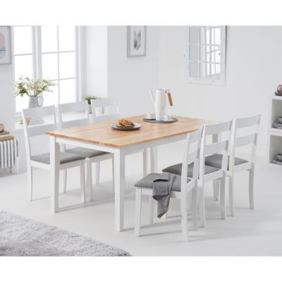 Oak&More Chiltern 150cm Oak and White Table with Chiltern Chairs with Grey Fabric Seats - White, 6 Chairs