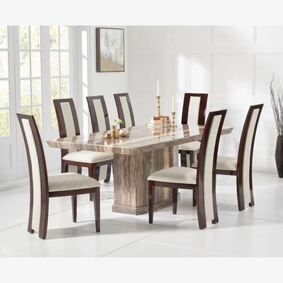 Oak&More Carvelle 200cm Brown Pedestal Marble Dining Table With 6 Brown Novara Chairs