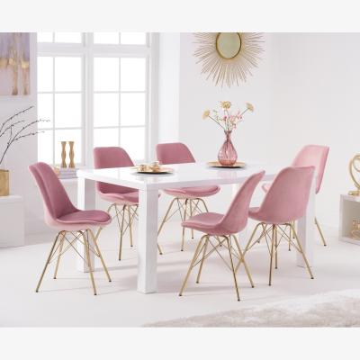Oak&More Atlanta 160cm White High Gloss Table With 6 Blue Celine Gold Legs Velvet Chairs