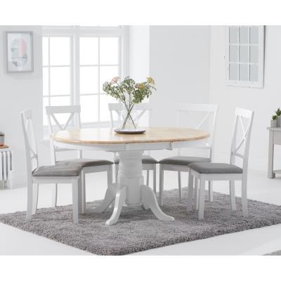 Oak&More Epsom Oak and White Round Pedestal Extending Table with Epsom Chairs with Grey Fabric Seats - Oak and White, 4 Chairs