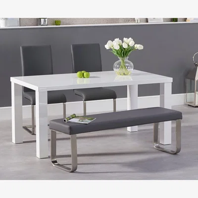 Oak&More Atlanta 160cm White High Gloss Dining Table with 4 Grey Austin Chairs with 2 Grey Benches