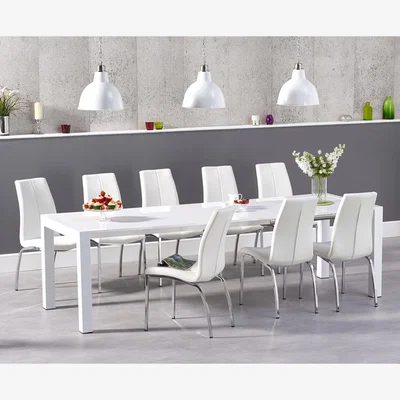 Oak&More Extending Cleveland White High Gloss Dining Table with 6 Ivory White Marco Chairs