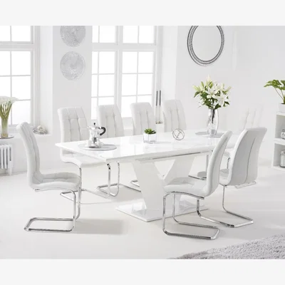 Oak&More Halo 160cm White High Gloss Extending Dining Table With 8 White Lorin Faux Leather Chairs