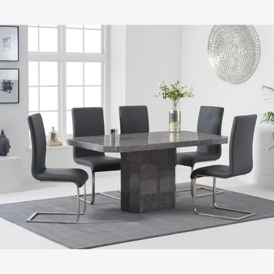 Oak&More Belle 160cm Grey Marble Dining Table With 6 White Malaga Dining Chairs