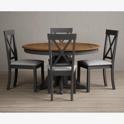 Oak&More Hertford 120cm Oak and Charcoal Grey Painted Round Pedestal Table With 6 Linen Hertford Chairs