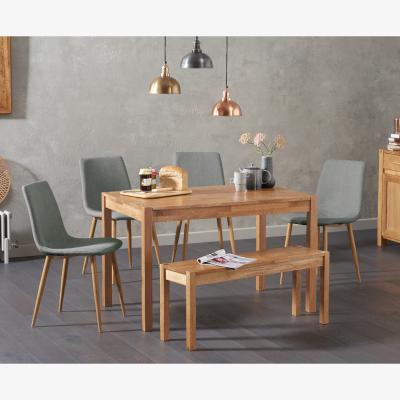 Oak&More York 120cm Solid Oak Dining Table With 4 Grey Astrid Fabric Chairs With 2 York Benches