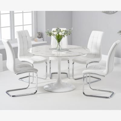Oak&More Brighton 120cm Round White Marble Dining Table With 4 White Lorin Dining Chairs