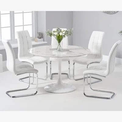 Oak&More Brighton 120cm Round White Marble Dining Table With 4 White Lorin Dining Chairs