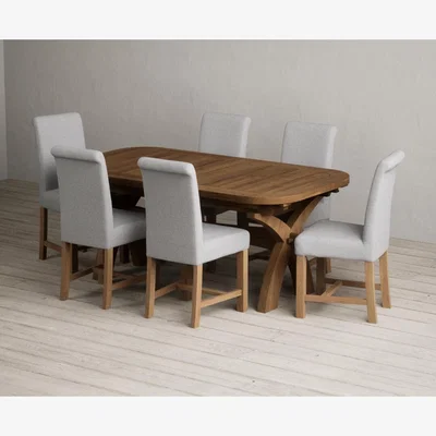 Oak&More Extending Olympia 180cm Rustic Solid Oak Dining Table with 8 Natural Scroll Back Chairs