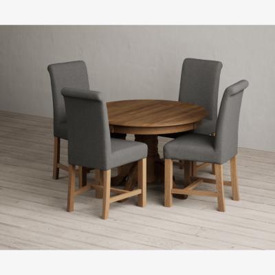 Oak&More Extending Hertford 100cm - 130cm Rustic Oak Pedestal Dining Table with 4 Natural Scroll Back Chairs