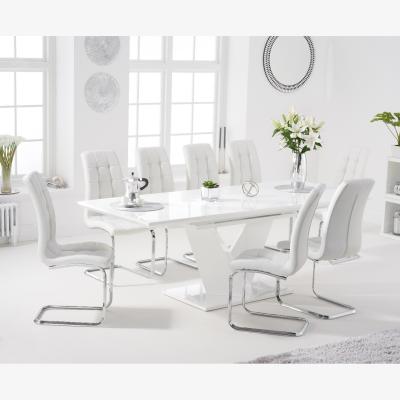 Oak&More Halo 160cm White High Gloss Extending Dining Table With 10 White Lorin Faux Leather Chairs