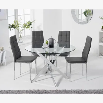 Oak&More Denver 110cm Glass Dining Table with 4 Grey Angelo Faux Leather Chairs