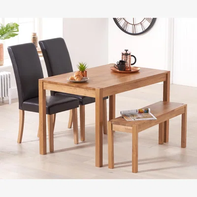 Oak&More Oxford 120cm Solid Oak Dining Table With 2 Grey Albany Chairs and 2 Oak Oxford Benches
