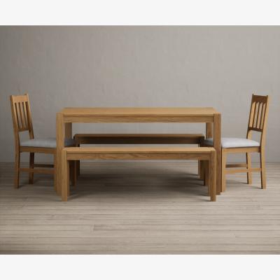 Oak&More York 150cm Solid Oak Dining Table with 4 Linen York Chairs with 1 Oak Bench