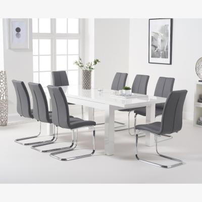 Oak&More Atlanta White Gloss 160-220cm Extending Dining Table With 6 Grey Tarin Chairs