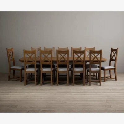 Oak&More Extending Olympia 180cm Rustic Solid Oak Dining Table with 10 Linen Rustic Solid Oak Chairs