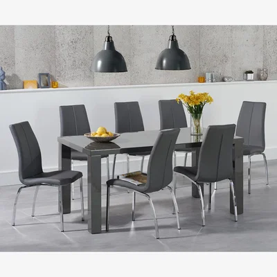Oak&More Atlanta 160cm Dark Grey High Gloss Dining Table With 8 Ivory White Cavello Chairs