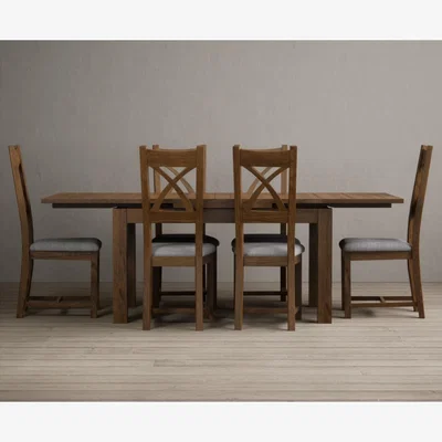 Oak&More Extending Buxton 140cm Rustic Solid Oak Dining Table with 6 Brown Rustic Solid Oak Chairs