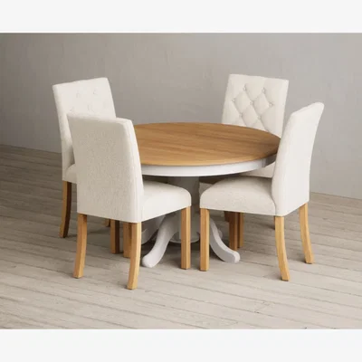 Oak&More Hertford 120cm Fixed Top Oak and Soft White Painted Dining Table with 6 Natural Isabella Chairs