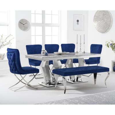 Oak&More Viscount 180cm Marble Dining Table with Giovanni Velvet Chairs and Blue Fitzrovia Bench - Grey, 2 Chairs